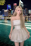 Cute Beige Sequin Ruffled Hem Design A-line Satin Strapless Party Dress Homecoming Dress HZ1024