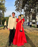 Vintage Red A-Line Prom Dress Long V-neck Evening Dress Satin Ruffles Formal Dress HZ1024
