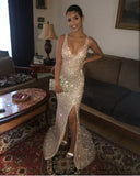 Sexy V Neck Sequins Side Slit Prom Dresses Long Mermaid Formal Dress HZ1024