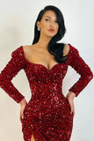 Vintage Glittering Beaded Prom Dress Sweetheart Long-sleeved Evening Gown Sheath High Slit Party Dress Long Formal Dress HZ1024