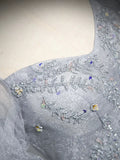 Gray Tulle Beaded Floor Length Prom Dress, A-Line Short Sleeve Evening Party Dress HZ1024