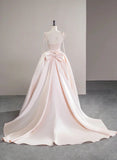Pink Satin Straps Long Formal Dress with Bow, Pink Satin Prom Dress Party Dress HZ1024