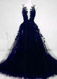 A-line Navy Blue Tulle with Lace Long Evening Dress, Navy Blue Prom Dress HZ1024
