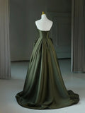 Dark Green Satin V-Neck Long Prom Dress, A-Line Strapless Evening Party Dress HZ1024