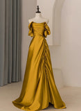 Gold Satin Off Shoulder Long Evening Dress, Gold Satin Prom Dress HZ1024