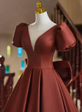 A-line Satin Short Sleeves Long Prom Dress, Satin Simple Evening Dress HZ1024