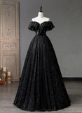 Black Tulle Beaded Long Formal Gown, Black Tulle A-line Prom Dress HZ1024