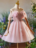 Pink Tulle Knee Length A-Line Party Dress, Lovely Off the Shoulder Prom Dress HZ1024