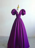 Purple Satin A-line Short Sleeves Long Formal Dress, Purple Prom Dress HZ1024