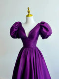 Purple Satin A-line Short Sleeves Long Formal Dress, Purple Prom Dress HZ1024
