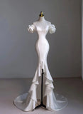 White Satin Sweetheart Beaded Wedding Party Dress, White Satin High Low Formal Dress HZ1024