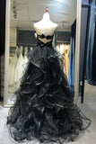 A-line Black Sweetheart Tulle Layers Long Party Dress, Black Tulle Prom Dress HZ1024