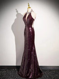 Burgundy Sequins Long Prom Dress, Mermaid Backless Evening Formal Dress HZ1024