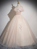 Champagne Tulle Floor Length Prom Dress, Off the Shoulder Evening Party Dress HZ1024