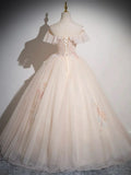 Champagne Tulle Floor Length Prom Dress, Off the Shoulder Evening Party Dress HZ1024