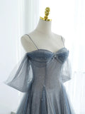Blue Tulle Long Prom Dress, A-Line Off the Shoulder Blue Evening Party Dress HZ1024