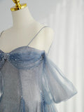 Blue Tulle Long Prom Dress, A-Line Off the Shoulder Blue Evening Party Dress HZ1024