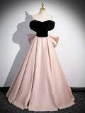 Black Satin and Pink Satin Long Prom Dress, Lovely A-Line Bow Party Evening Dress HZ1024