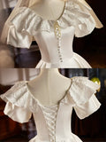Retro Satin Tea Length Prom Dress with Lace, White A-Line Evening Party Dress HZ1024