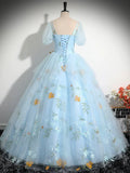 Blue Tulle Floor Length Prom Dress, Beautiful Short Sleeve Evening Party Dress HZ1024