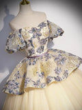 Champagne Floral Tulle Long Formal Dress, Off the Shoulder A-Line Evening Party Gown HZ1024