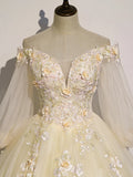 Champagne Tulle Lace Long Prom Dress, A-Line Off the Shoulder Long Sleeve Evening Dress HZ1024