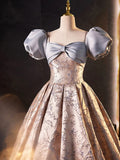 Stylish Floor-Length Printing Prom Dresses, A-Line Short Sleeve Backless Evening Formal Dresses HZ1024