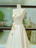 Elegant Satin Floor Length Formal Dress with 3D Flowers, Light Champagne A-Line Evening Party Dress HZ1024