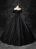 Black Sparkly Tulle Off the Shoulder Long Formal Dress, Elegant A-Line Black Evening Party Dress HZ1024