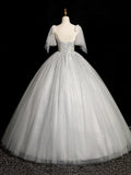 Gray Sparkly Tulle Long Scoop Neckline Prom Dress, Beautiful A-Line Evening Party Dress HZ1024