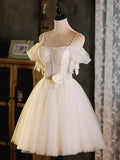 Light Champagne Spaghetti Strap Tulle Party Dress, Beautiful A-Line Evening Prom Dress HZ1024