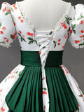 Beautiful Cherry Pattern Long Princess Prom Dress, White A-Line Short Sleeve Evening Party Dress HZ1024