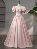 Beautiful Pink Scoop Neck Satin Floor Length Prom Dress, A-Line Short Sleeve Evening Dress with Bow HZ1024
