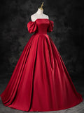 Burgundy Satin Off the Shoulder Formal Dress, A-Line Burgundy Evening Dress HZ1024