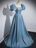 Blue Puff Sleeve Satin Floor Length Prom Dress, Blue A-Line Evening Party Dress HZ1024