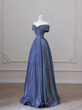 Shiny Off the Shoulder Floor Length Blue A-Line Prom Dress HZ1024