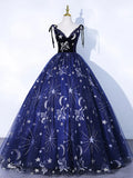 Navy Blue Tulle Long Prom Dress, Spaghetti Straps Lace Flower Backless Evening Dress HZ1024