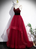 Burgundy Spaghetti Strap Tulle Long Corset Prom Dress, A-Line Evening Party Dress HZ1024