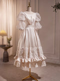 Beautiful Scoop Neck Tea Length Prom Dress, A-Line Puffy Short Sleeve Backless Party Dress HZ1024
