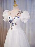 Elegant White Tulle Appliques Long Prom Dress, White High Neck A-Line Evening Dress HZ1024