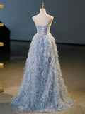 Blue A-Line Strapless Floor Length Prom Dress, Blue Evening Party Dress HZ1024