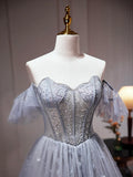 Gray Tulle Off Shoulder Beaded Party Dress, A-Line Tulle Formal Dress Prom Dress HZ1024