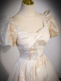 Champagne Tulle Long Formal Dresses, Champagne Short Sleeve Evening Dresses HZ1024