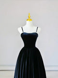 Spaghetti Strap Velvet Long Prom Dress with Pearls, Black Evening Dress Party Dress HZ1024