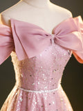 Sparkly Off-Shoulder Sequins Floor Length Formal Dress, Beautiful Pink Prom Dress HZ1024