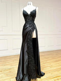 Black V-Neck Satin Lace Long Prom Dress, Black Spaghetti Strap Evening Dress with Slit HZ1024