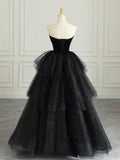 Black Strapless Tulle Formal Dress with Velvet, A-Line Sweetheart Neck Long Prom Dress HZ1024