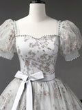 Gray Tulle Sequins Long Prom Dress, A-Line Short Sleeve Evening Dress HZ1024