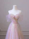 Shiny Tulle Sequins Long Prom Dress, A-Line Off the Shoulder Evening Dress HZ1024