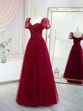 Burgundy Tulle Beaded Long Prom Dress, A-Line Short Sleeve Evening Dress HZ1024